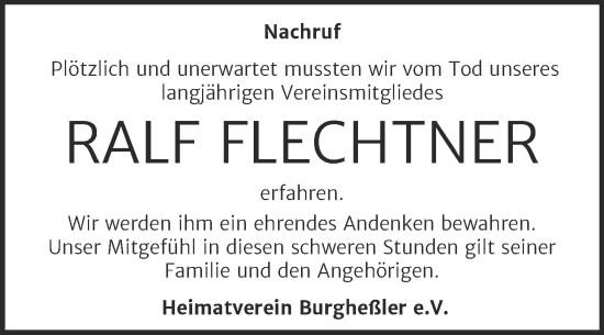 Traueranzeige von Ralf Flechtner von Wochenspiegel Naumburg/Nebra