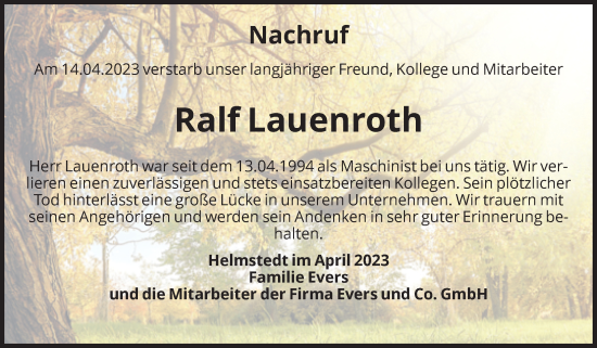 Traueranzeige von Ralf Lauenroth von Volksstimme Haldensleben/Wolmirstedt