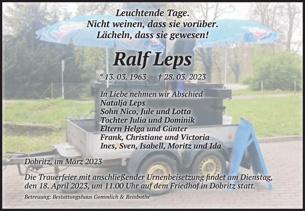  Traueranzeige für Ralf Leps vom 01.04.2023 aus Volksstimme Zerbst