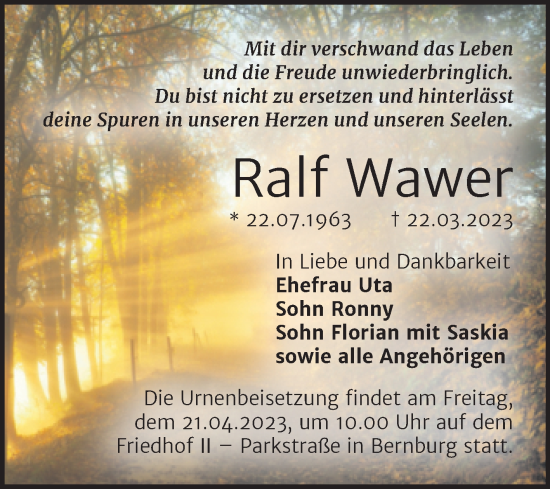 Traueranzeige von Ralf Wawer von Trauerkombi Bernburg