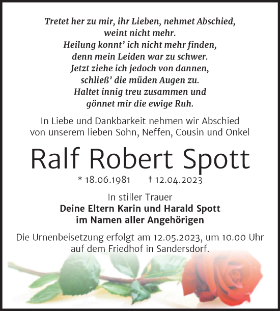 Traueranzeige von Ralf Robert Spott von Trauerkombi Bitterfeld