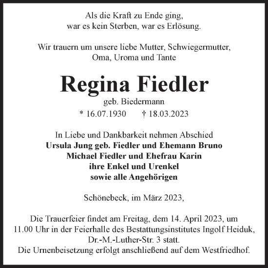 Traueranzeige von Regina Fiedler von Volksstimme Schönebeck