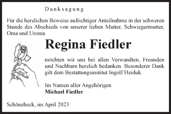 Traueranzeige von Regina Fiedler von Volksstimme Schönebeck