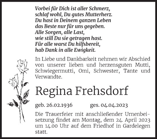 Traueranzeige von Regina Frehsdorf von Volksstimme Altmark West