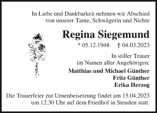 Traueranzeige von Regina Siegemund von Mitteldeutsche Zeitung Halle/Saalkreis