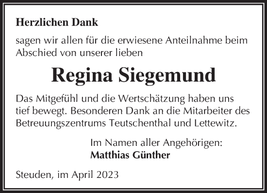 Traueranzeige von Regina Siegemund von Mitteldeutsche Zeitung Halle/Saalkreis