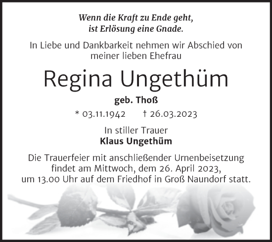 Traueranzeige von Regina Ungethüm von Trauerkombi Wittenberg
