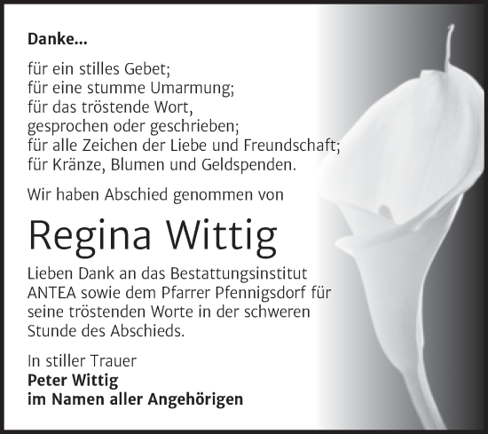 Traueranzeige von Regina Wittig von Super Sonntag Wittenberg