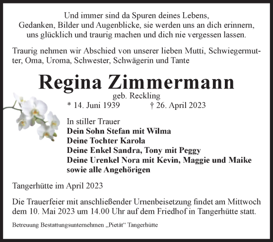 Traueranzeige von Regina Zimmermann von Volksstimme Altmark Ost