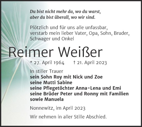 Traueranzeige von Reimer Weißer von Trauerkombi Zeitz
