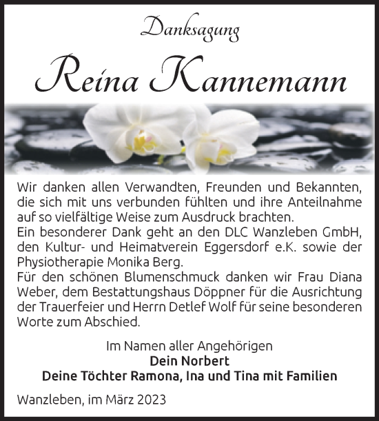 Traueranzeige von Reina Kannemann von Volksstimme Oschersleben/Wanzleben