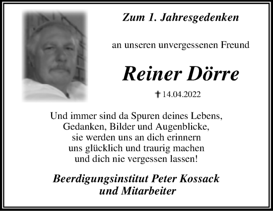 Traueranzeige von Reiner Dörre von Trauerkombi Dessau