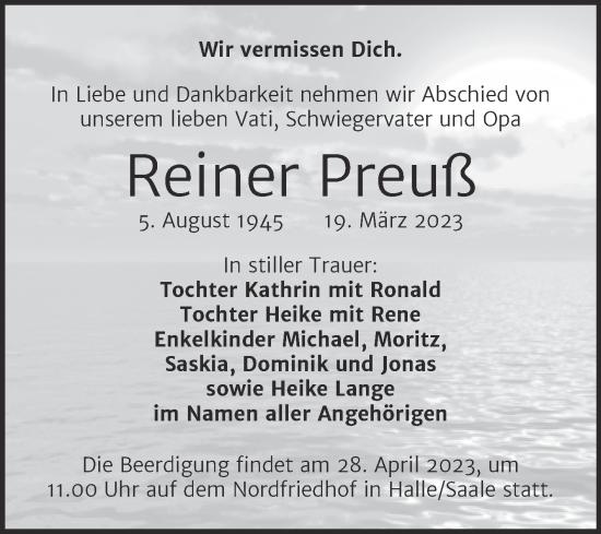 Traueranzeige von Reiner Preuß von Mitteldeutsche Zeitung Halle/Saalkreis