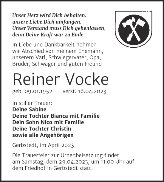Traueranzeige von Reiner Vocke von Trauerkombi Mansfelder Land