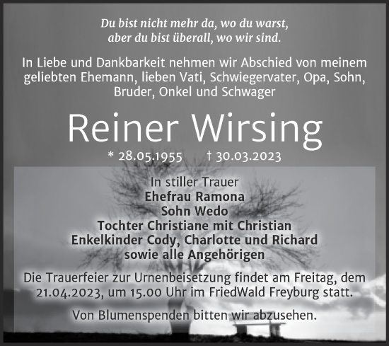 Traueranzeige von Reiner Wirsing von Trauerkombi Merseburg