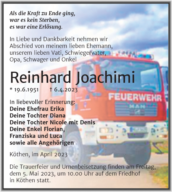 Traueranzeige von Reinhard Joachimi von Trauerkombi Köthen