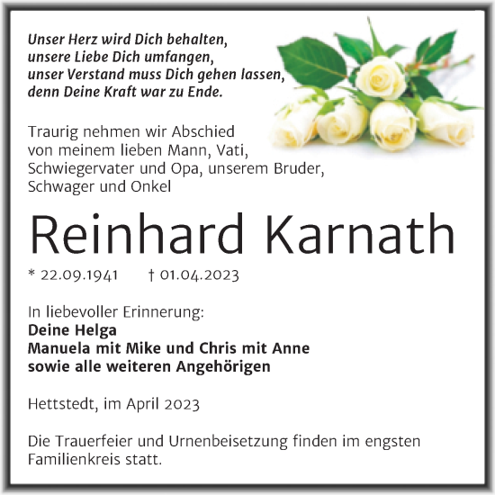 Traueranzeige von Reinhard Karnath von Trauerkombi Mansfelder Land