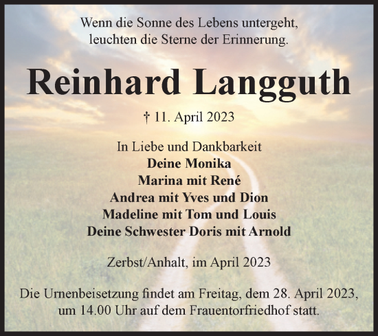 Traueranzeige von Reinhard Langguth von Volksstimme Zerbst