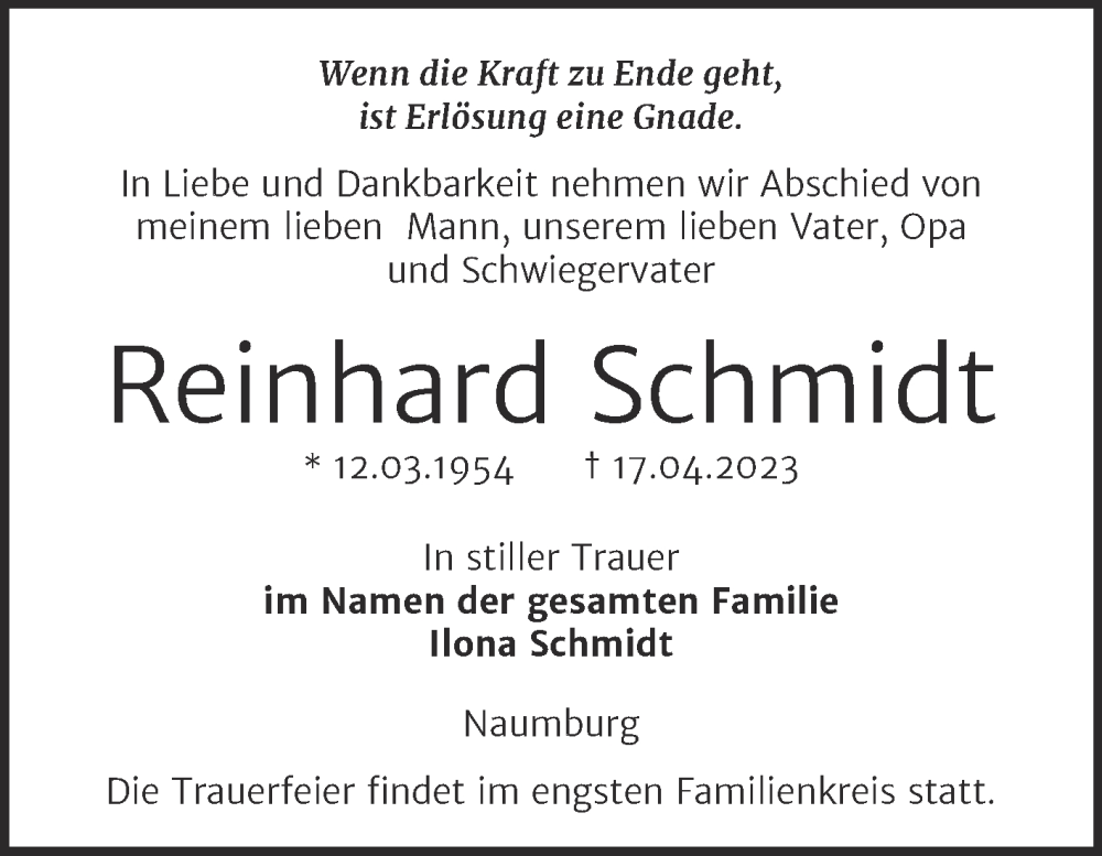  Traueranzeige für Reinhard Schmidt vom 22.04.2023 aus Naumburger Tageblatt