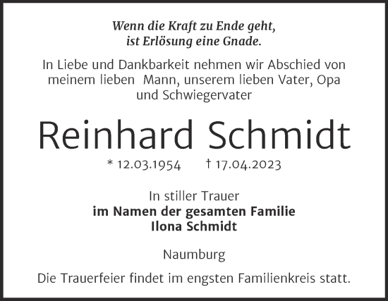 Traueranzeige von Reinhard Schmidt von Naumburger Tageblatt