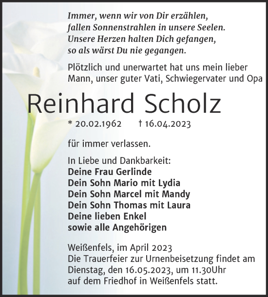 Traueranzeige von Reinhard Scholz von Trauerkombi Weißenfels