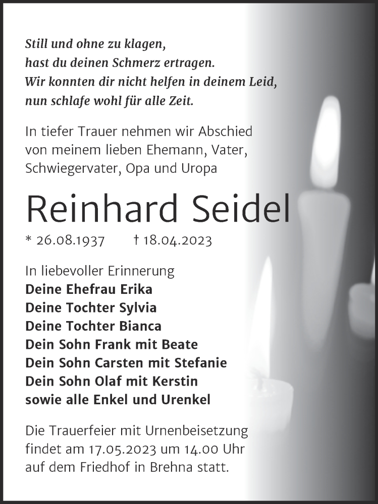  Traueranzeige für Reinhard Seidel vom 29.04.2023 aus Trauerkombi Bitterfeld