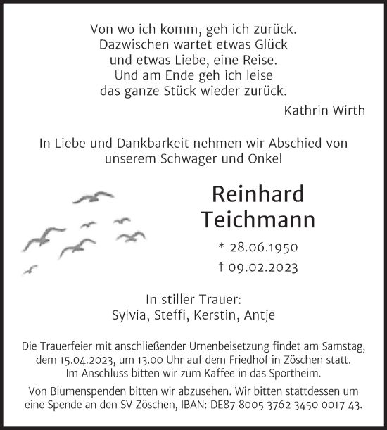 Traueranzeige von Reinhard Teichmann von Trauerkombi Merseburg