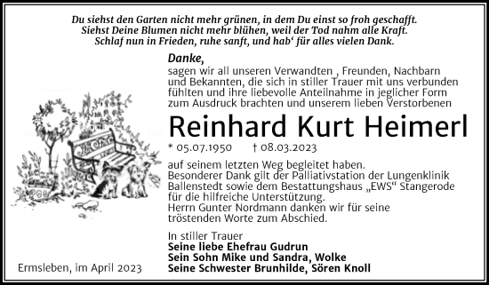 Traueranzeige von Reinhard Kurt Heimerl von Trauerkombi Quedlinburg
