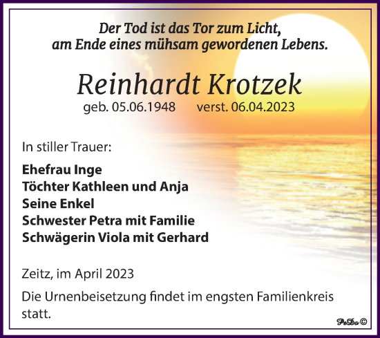 Traueranzeige von Reinhardt Krotzek von Trauerkombi Zeitz