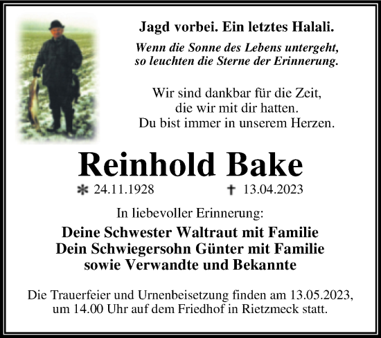 Traueranzeige von Reinhold Bake von Trauerkombi Dessau