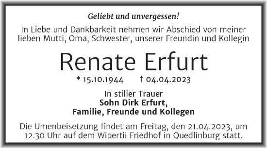 Traueranzeige von Renate Erfurt von Trauerkombi Quedlinburg