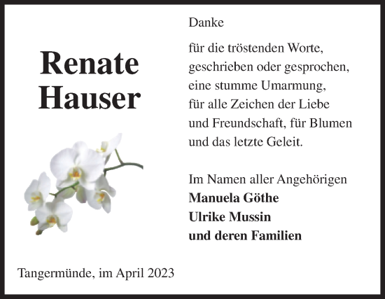 Traueranzeige von Renate Hauser von Volksstimme Altmark Ost