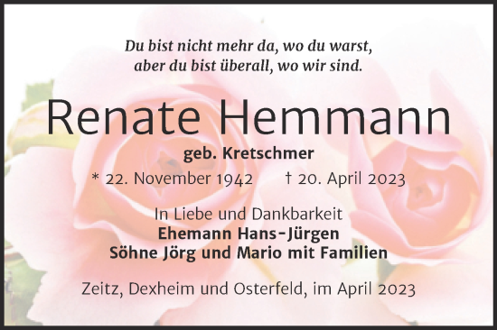 Traueranzeige von Renate Hemmann von Trauerkombi Zeitz