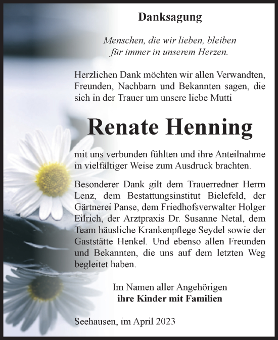 Traueranzeige von Renate Henning von Volksstimme Altmark Ost
