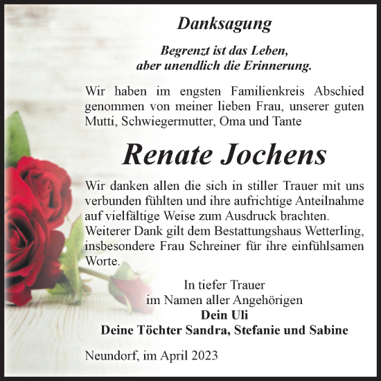 Traueranzeige von Renate Jochens von Volksstimme Staßfurt