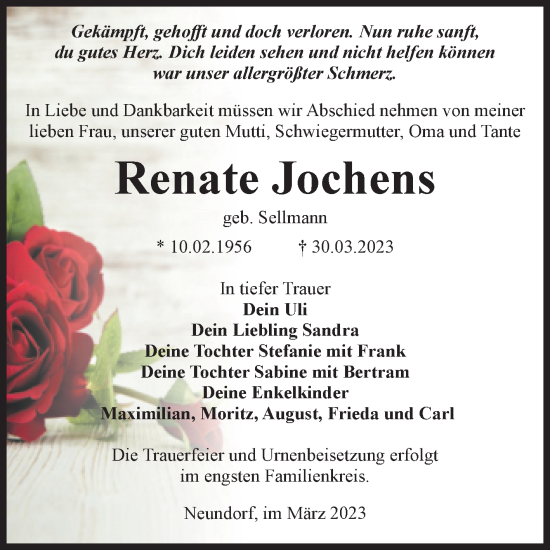 Traueranzeige von Renate Jochens von Volksstimme Staßfurt