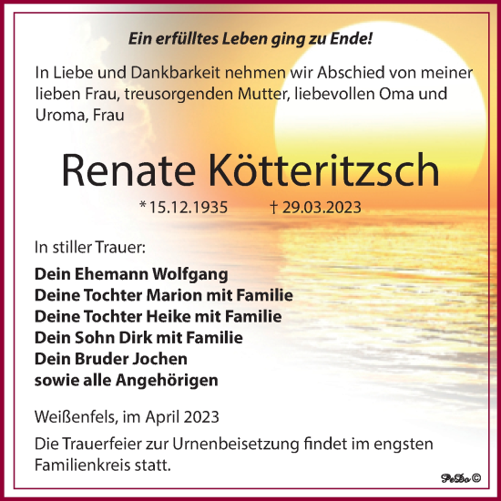 Traueranzeige von Renate Kötteritzsch von Trauerkombi Weißenfels
