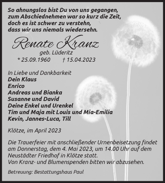 Traueranzeige von Renate Kranz von Volksstimme Altmark West