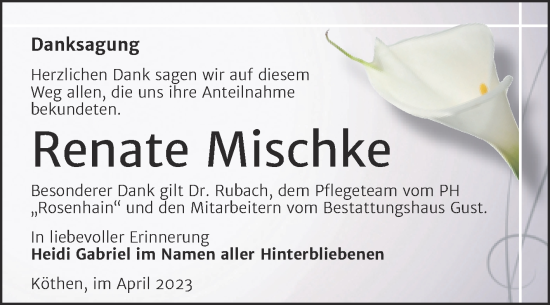 Traueranzeige von Renate Mischke von Trauerkombi Köthen