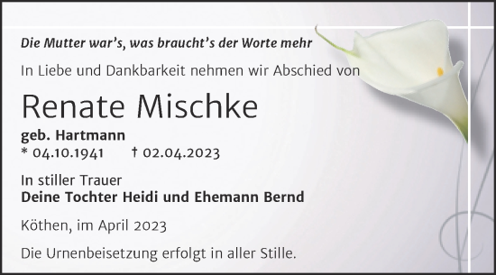 Traueranzeige von Renate Mischke von Trauerkombi Köthen