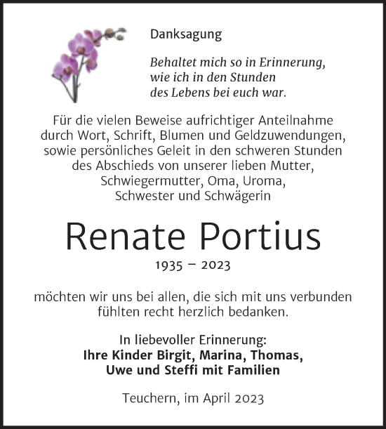 Traueranzeige von Renate Portius von Trauerkombi Weißenfels