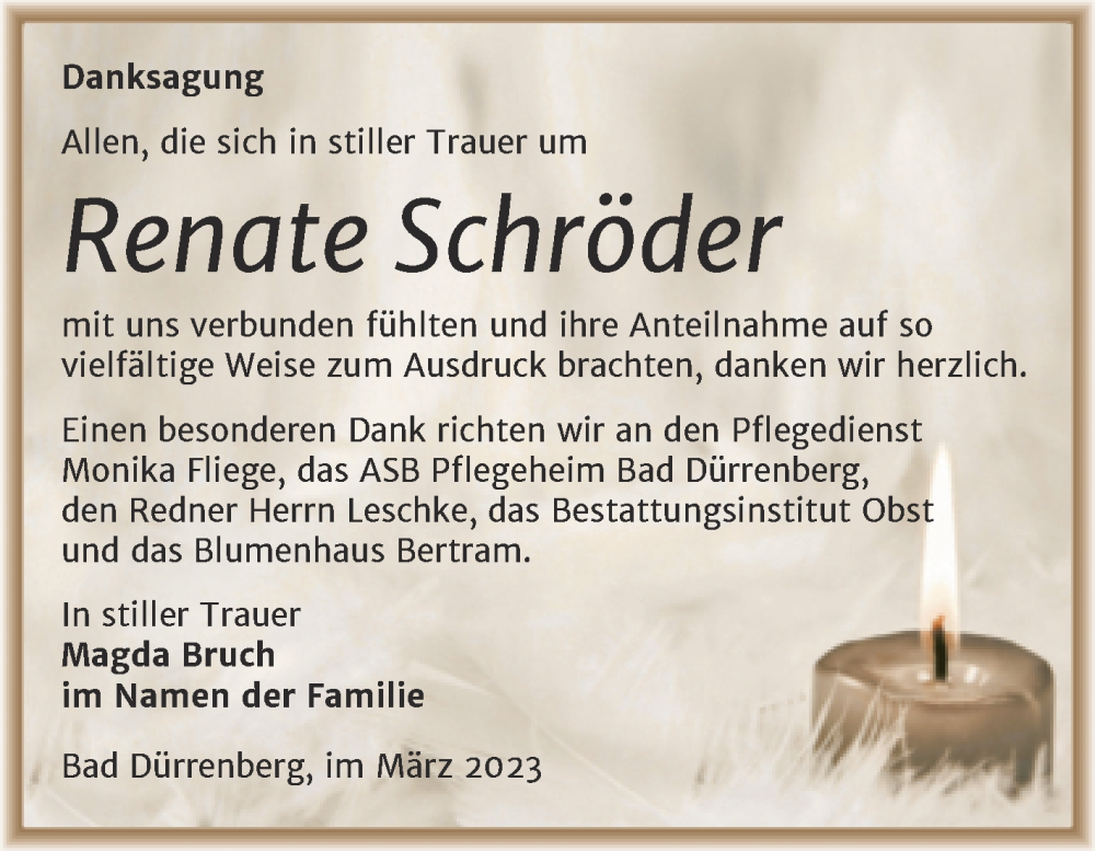  Traueranzeige für Renate Schröder vom 01.04.2023 aus Trauerkombi Merseburg