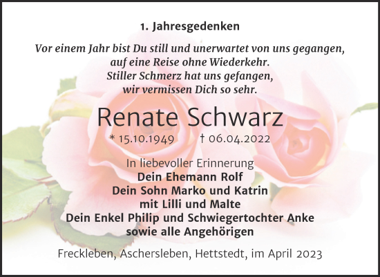 Traueranzeige von Renate Schwarz von Trauerkombi Aschersleben