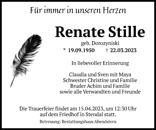 Traueranzeige von Renate Stille von Volksstimme Altmark Ost