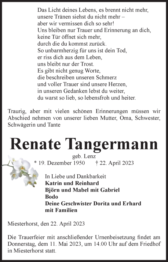 Traueranzeige von Renate Tangermann von Volksstimme Altmark West