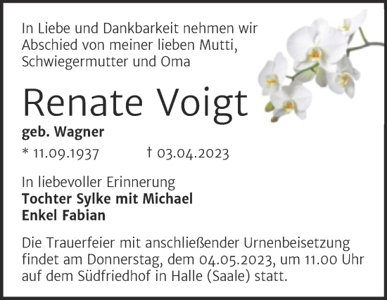 Traueranzeige von Renate Voigt von Mitteldeutsche Zeitung Halle/Saalkreis