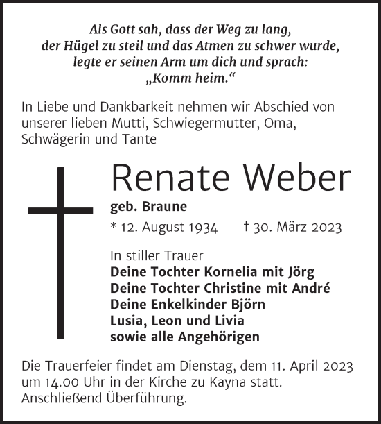Traueranzeige von Renate Weber von Trauerkombi Zeitz