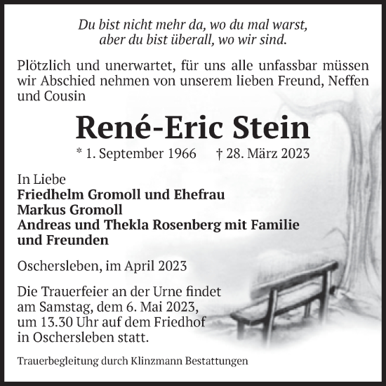 Traueranzeige von Rene-Eric Stein von Volksstimme Oschersleben/Wanzleben