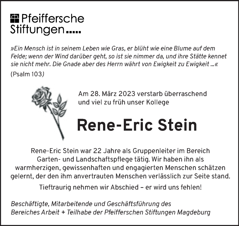  Traueranzeige für Rene-Eric Stein vom 15.04.2023 aus Volksstimme Oschersleben/Wanzleben
