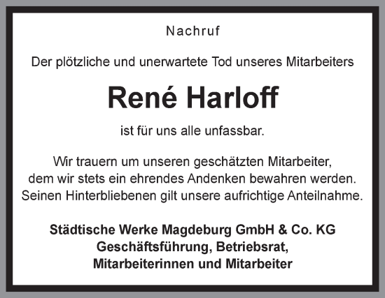 Traueranzeige von René Harloff von Volksstimme Magdeburg